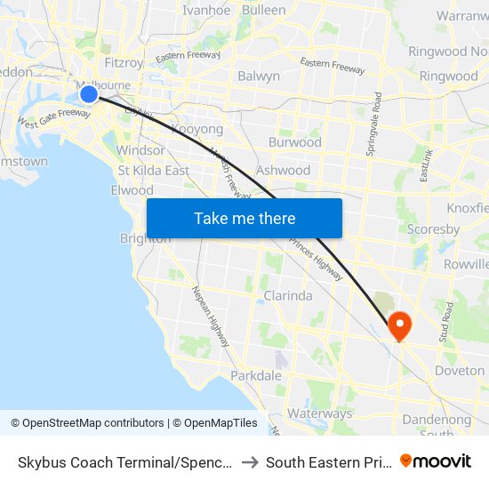 Skybus Coach Terminal/Spencer St (Melbourne City) to South Eastern Private Hospital map