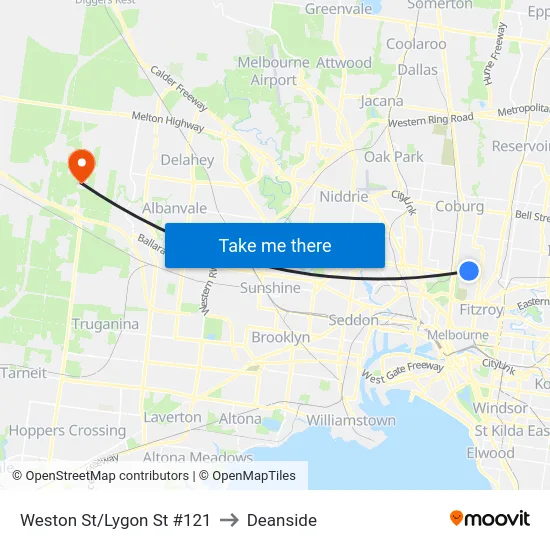 Weston St/Lygon St #121 to Deanside map