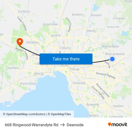 668 Ringwood-Warrandyte Rd to Deanside map