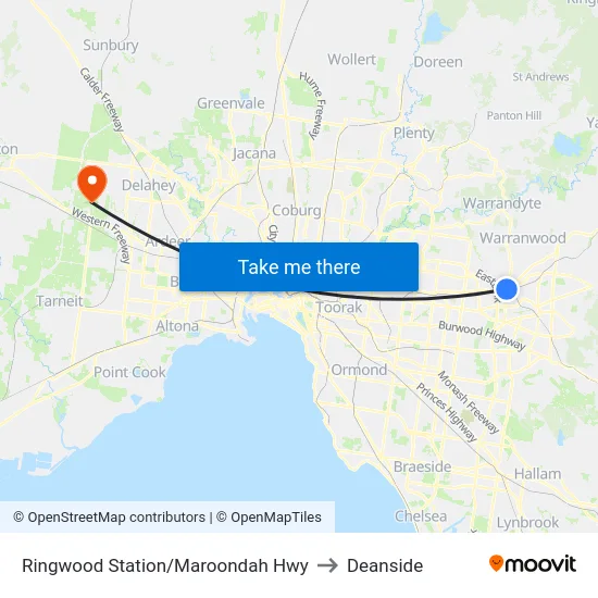 Ringwood Station/Maroondah Hwy to Deanside map