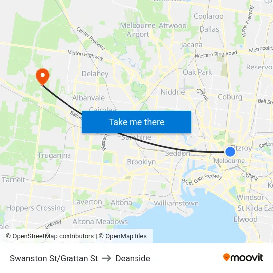 Swanston St/Grattan St to Deanside map