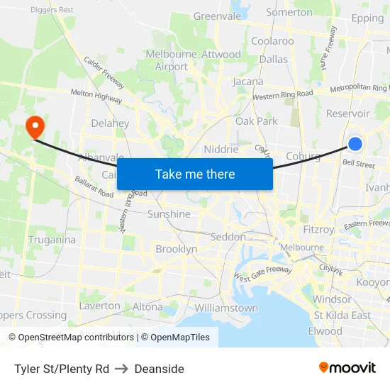 Tyler St/Plenty Rd to Deanside map