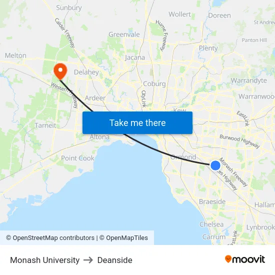 Monash University to Deanside map