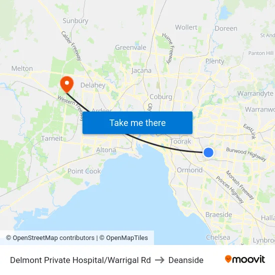 Delmont Private Hospital/Warrigal Rd to Deanside map