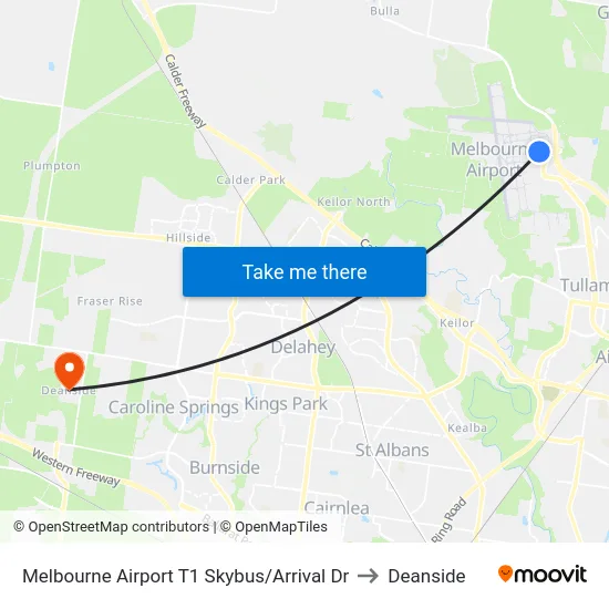 Melbourne Airport T1 Skybus/Arrival Dr to Deanside map