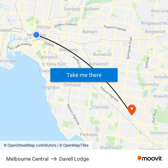 Melbourne Central to Davell Lodge map