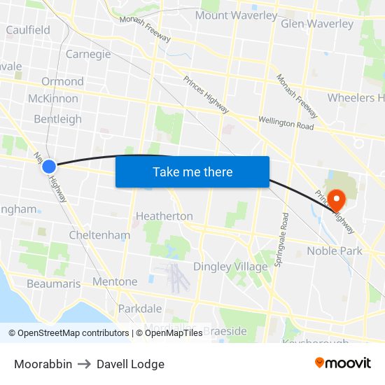 Moorabbin to Davell Lodge map