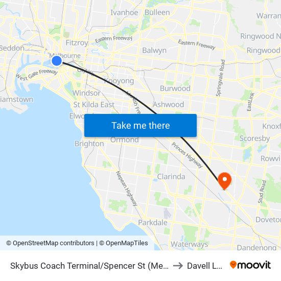 Skybus Coach Terminal/Spencer St (Melbourne City) to Davell Lodge map