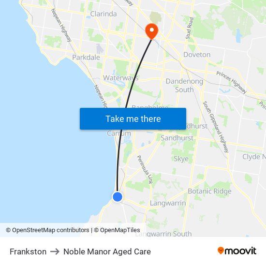 Frankston to Noble Manor Aged Care map