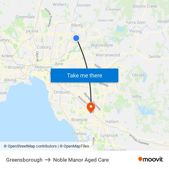 Greensborough to Noble Manor Aged Care map