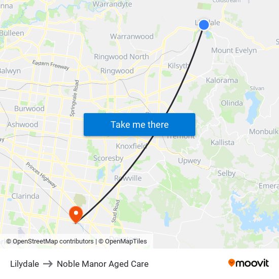 Lilydale to Noble Manor Aged Care map