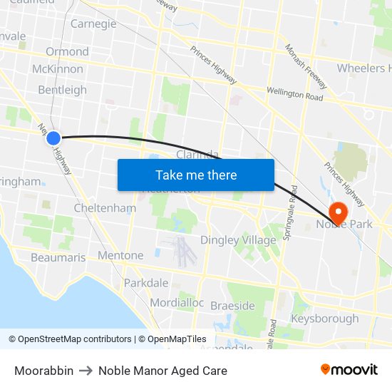 Moorabbin to Noble Manor Aged Care map