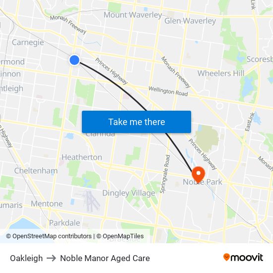 Oakleigh to Noble Manor Aged Care map