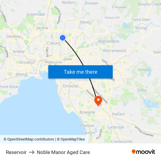 Reservoir to Noble Manor Aged Care map