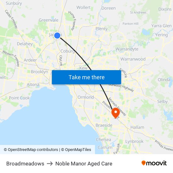 Broadmeadows to Noble Manor Aged Care map