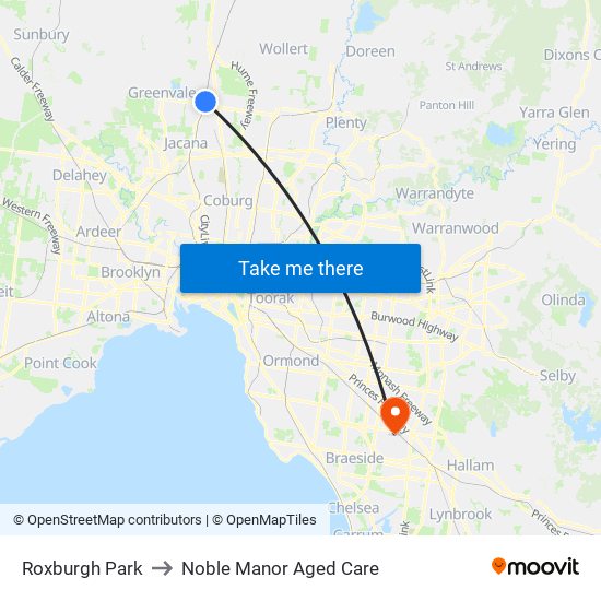 Roxburgh Park to Noble Manor Aged Care map