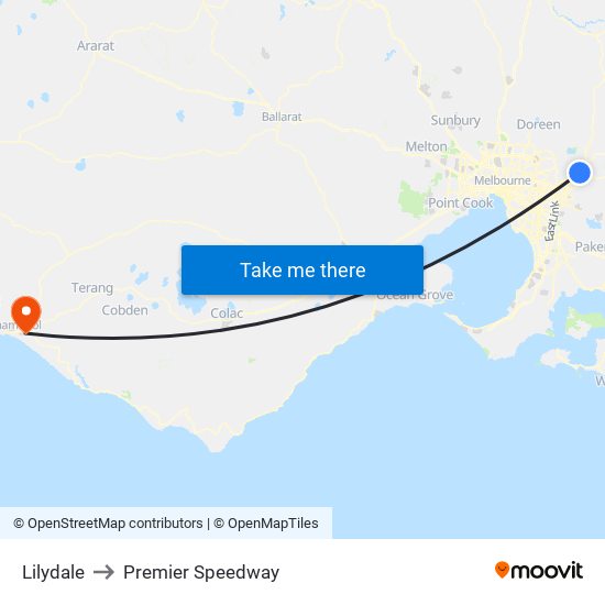 Lilydale to Premier Speedway map
