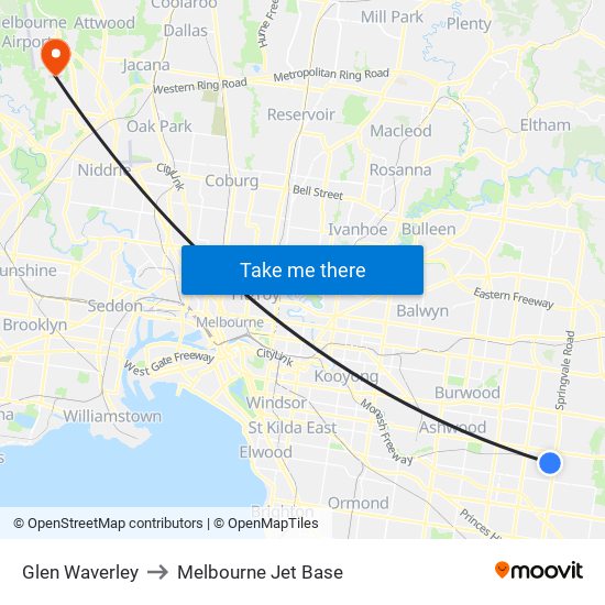 Glen Waverley to Melbourne Jet Base map