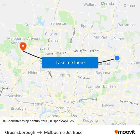 Greensborough to Melbourne Jet Base map