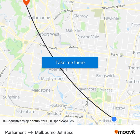 Parliament to Melbourne Jet Base map