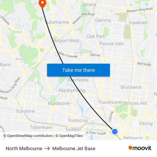 North Melbourne to Melbourne Jet Base map