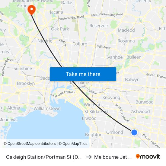 Oakleigh Station/Portman St (Oakleigh) to Melbourne Jet Base map