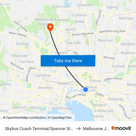 Skybus Coach Terminal/Spencer St (Melbourne City) to Melbourne Jet Base map