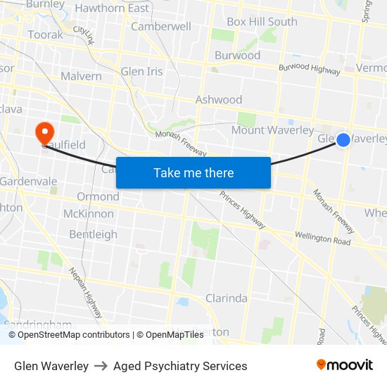 Glen Waverley to Aged Psychiatry Services map