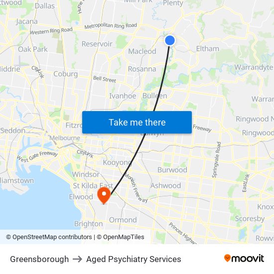 Greensborough to Aged Psychiatry Services map