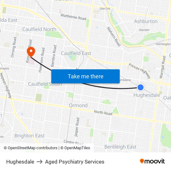 Hughesdale to Aged Psychiatry Services map