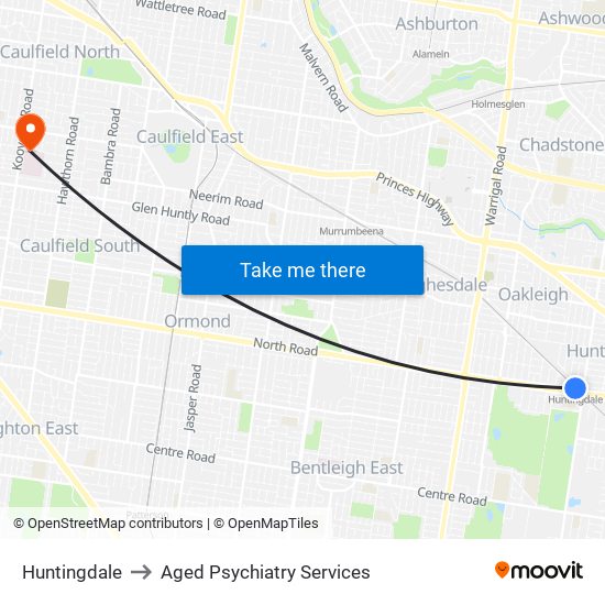 Huntingdale to Aged Psychiatry Services map