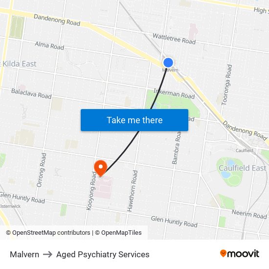 Malvern to Aged Psychiatry Services map