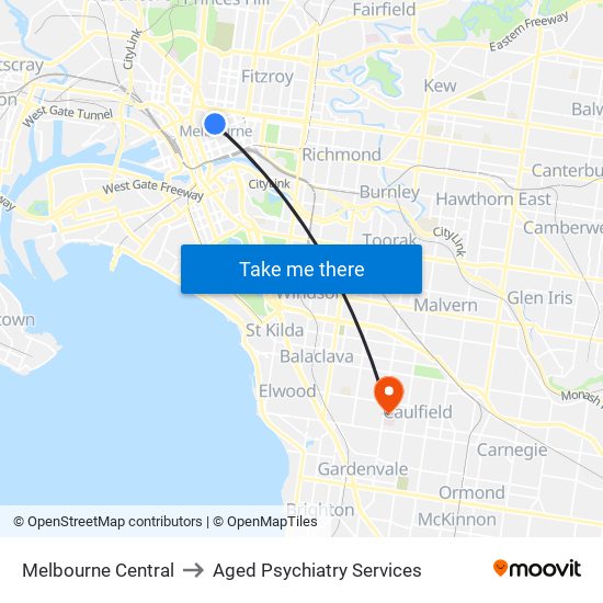 Melbourne Central to Aged Psychiatry Services map