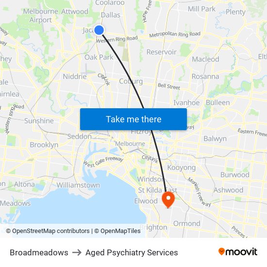 Broadmeadows to Aged Psychiatry Services map