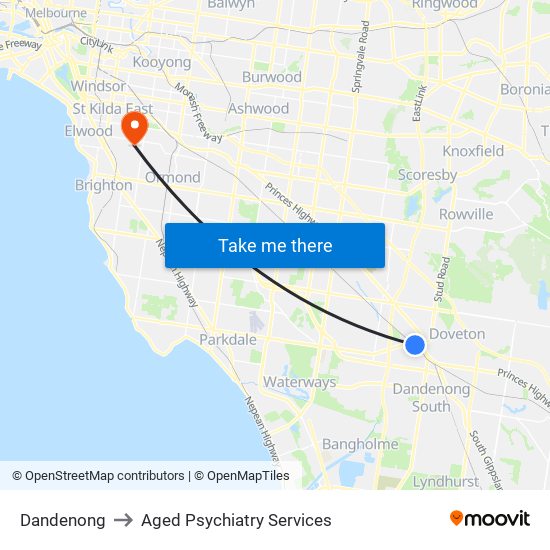 Dandenong to Aged Psychiatry Services map