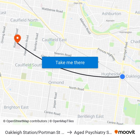 Oakleigh Station/Portman St (Oakleigh) to Aged Psychiatry Services map