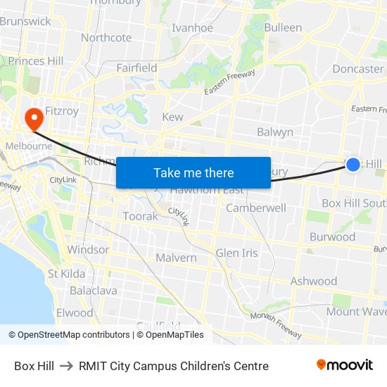 Box Hill to RMIT City Campus Children's Centre map