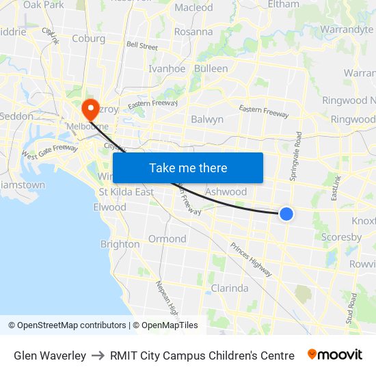 Glen Waverley to RMIT City Campus Children's Centre map