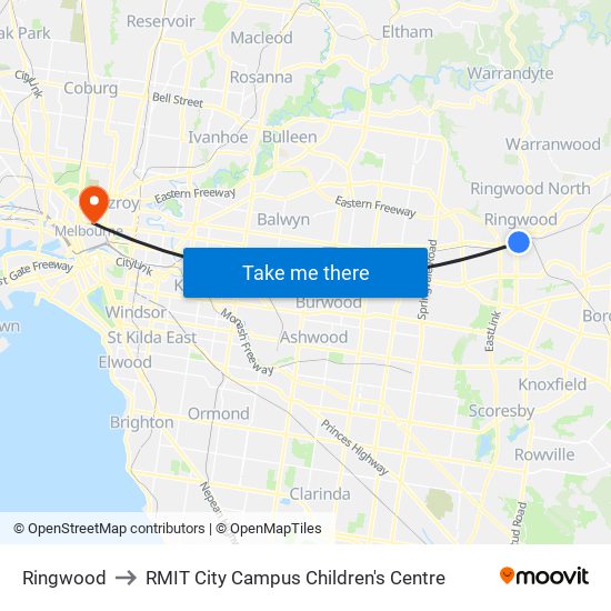 Ringwood to RMIT City Campus Children's Centre map