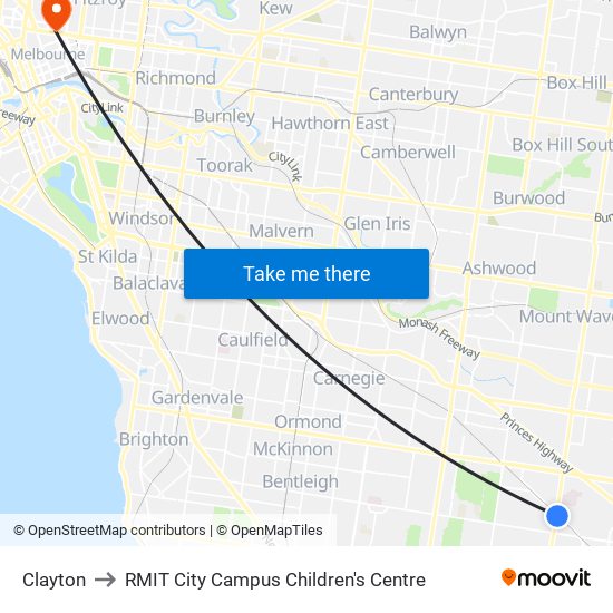 Clayton to RMIT City Campus Children's Centre map