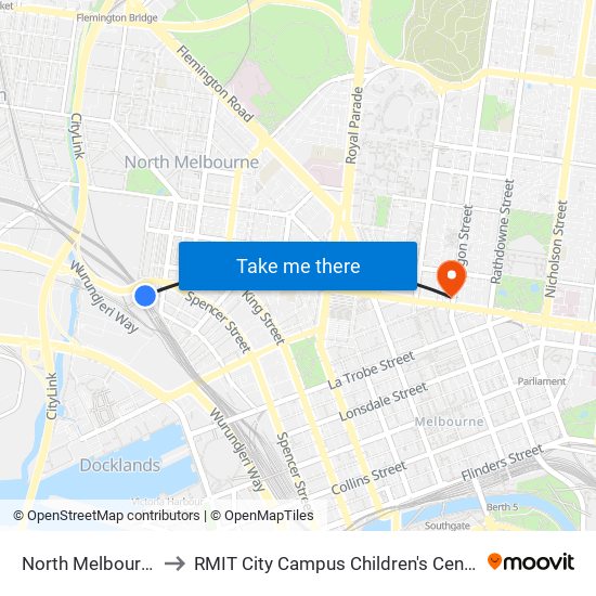 North Melbourne to RMIT City Campus Children's Centre map