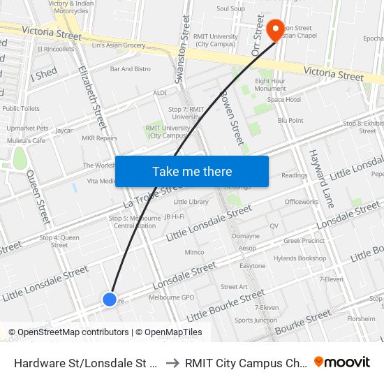 Hardware St/Lonsdale St (Melbourne City) to RMIT City Campus Children's Centre map