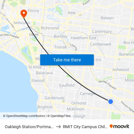 Oakleigh Station/Portman St (Oakleigh) to RMIT City Campus Children's Centre map