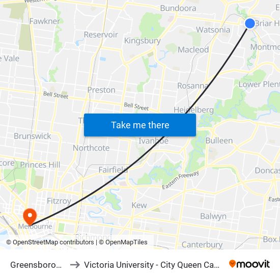 Greensborough to Victoria University - City Queen Campus map