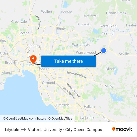 Lilydale to Victoria University - City Queen Campus map