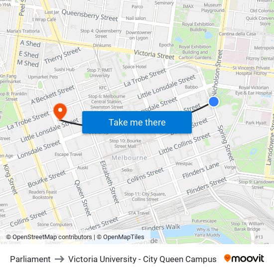 Parliament to Victoria University - City Queen Campus map