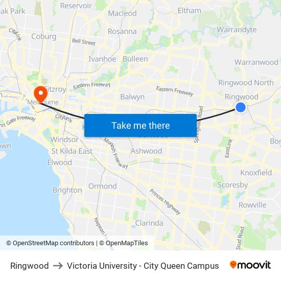 Ringwood to Victoria University - City Queen Campus map