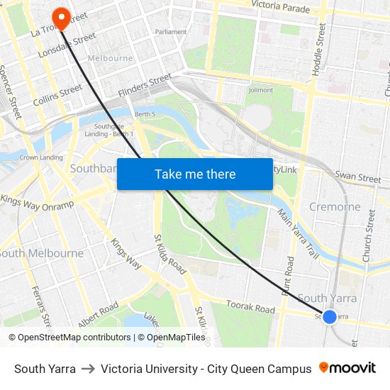 South Yarra to Victoria University - City Queen Campus map