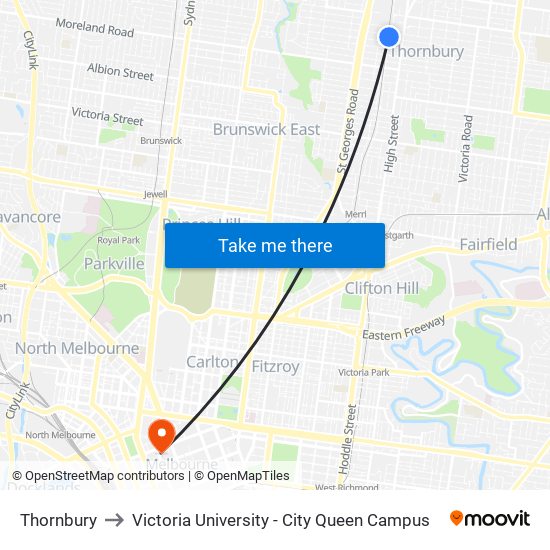 Thornbury to Victoria University - City Queen Campus map