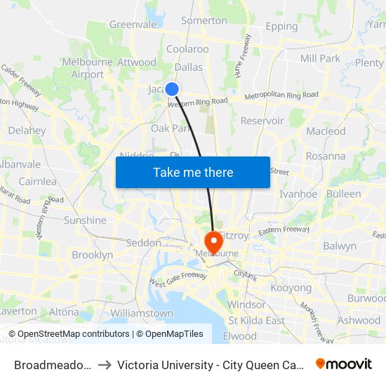 Broadmeadows to Victoria University - City Queen Campus map